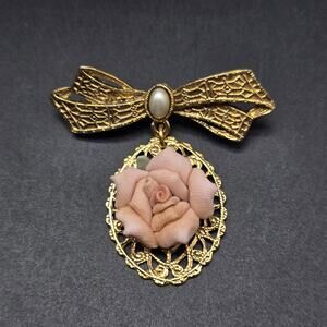1928 Brand Rose Flower Brooch Gold Tone Bow Faux Pearl Vintage Jewelry